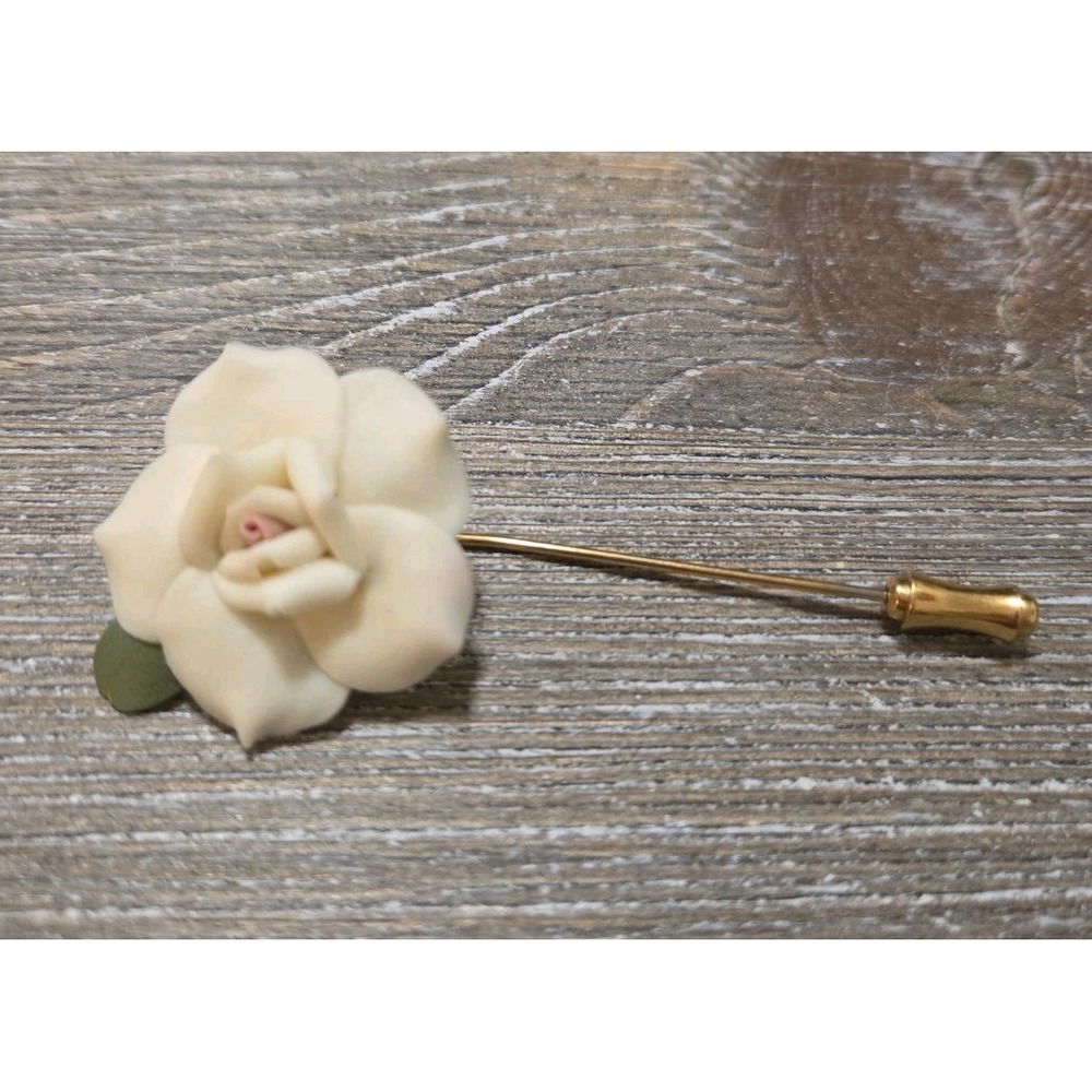 Gold Tone White Rose Flower With Leaf Stick Pin - Lapel - Hat - Vintage
